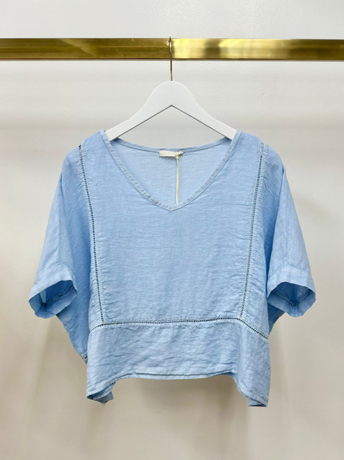 LINEN OPEN STITCH DETAIL V-NECK TOP