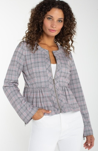 ZIP FRONT PEPLUM JACKET GREY/BLUSH PLAID