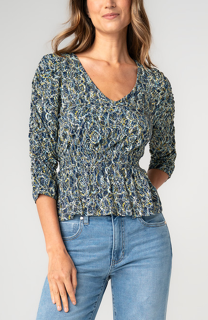 3/4 RUCHED SLV V NECK KNIT TOP - NAVY GOLD MULTI