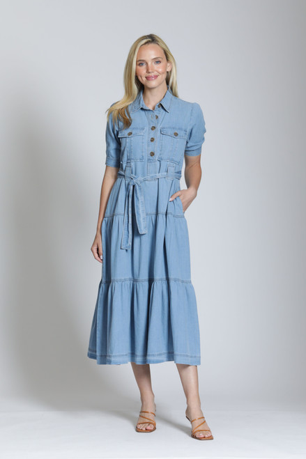 APNY TIERED DRESS WITH FRONT PATCH POCKET - LIGHT INDIGO