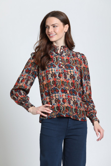 APNY PUFF SLEEVE BLOUSE WITH RUCHED DETAIL - INDIGO & BURNT SIENNA