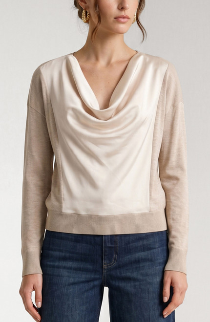 LONG SLV DRAPE NECK WVN SWEATER HYBRID - CHAMPAGNE MELANGE