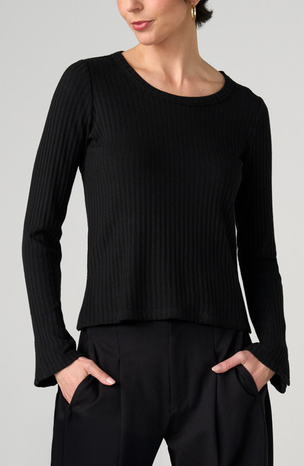 LONG SLV SCOOP NECK KNIT TOP - BLACK