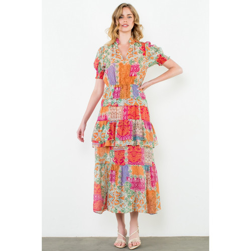 THML MULTI PRINT TIERED MAXI DRESS - MINT