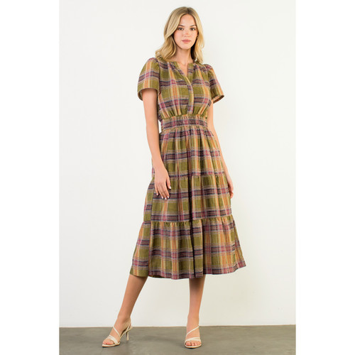 THML SHORT SLEEVE TIERED MAXI DRESS - OLIVE