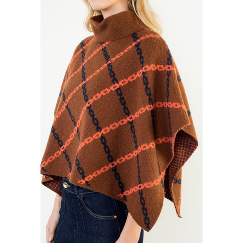 THML MOCK NECK CHAIN PARINT JACQUARD PONCHO TOP - BROWN