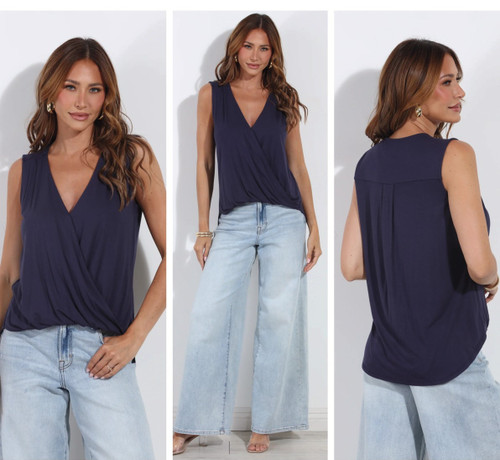 VERONICA M EVERYDAY CUPRO SURPLICE TOP - NAVY