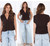 VERONICA M CROSS FRONT PEPLUM TOP - CHOCOLATE