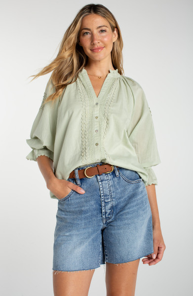 3/4 SLV BUTTON FRONT WOVEN TOP W/EMB