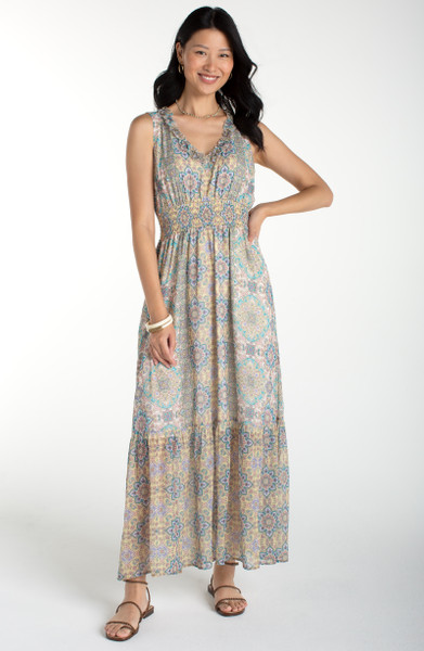 SLEEVELESS SMOCKED WAIST WOVEN MAXI DRESS
