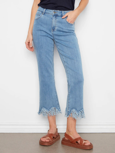 STRETCH DENIM BOOTCUT LEG PANTS WITH FRINGED HEM