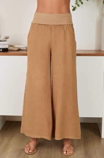 MILIO MILANO FOLD OVER WAIST PALAZZO LINEN PANT
