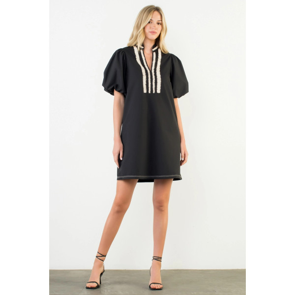 PUFF SLEEVE EMBROIDERED TEXTURED DRESS