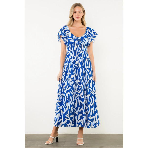 FLUTTER SLEEVE ELASTIC WAIST MAXI DRESS