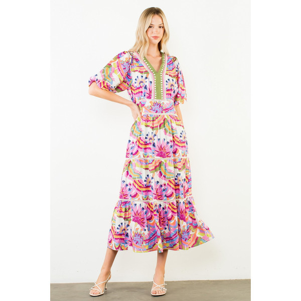 PUFF SLEEVE PATTERN TIERED DRESS