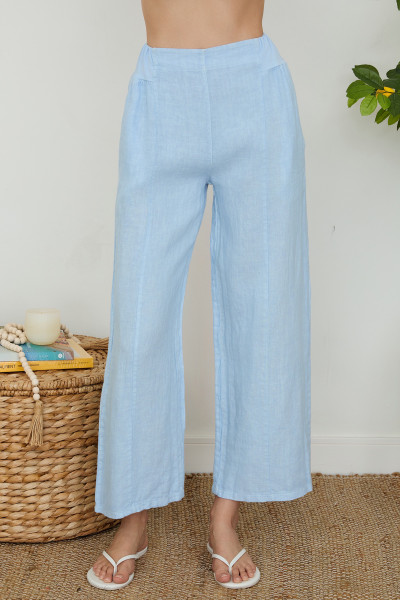 WIDE LEG LINEN CENTER FRONT SEAM PANTS W/POCKET