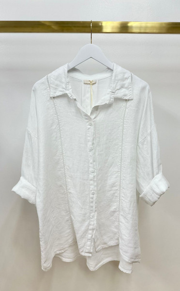LINEN OPEN STITCH DETAIL BUTTON DOWN LONG SLEEVE TOP