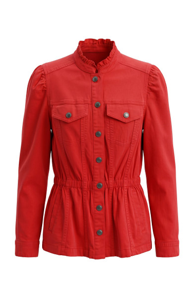 PUFF SLV TRUCKER JACKET W RUFFLE COLLAR - SUNDANCE RED