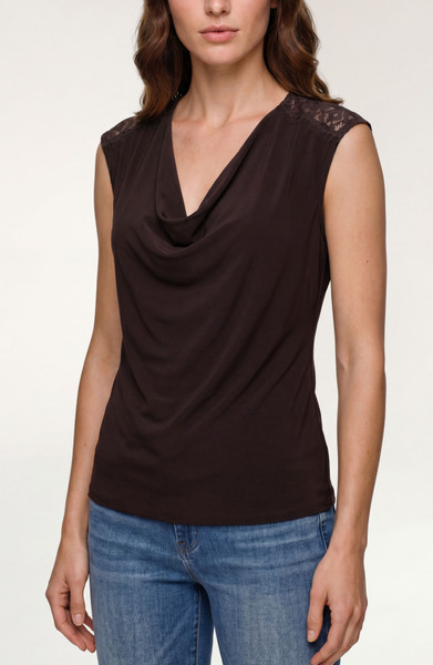 DRAPED NECK SLVLESS KNIT TOP W/ LACE - JAVA