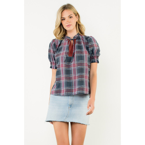 THML PUFF SLEEVE PLAID TOP - NAVY