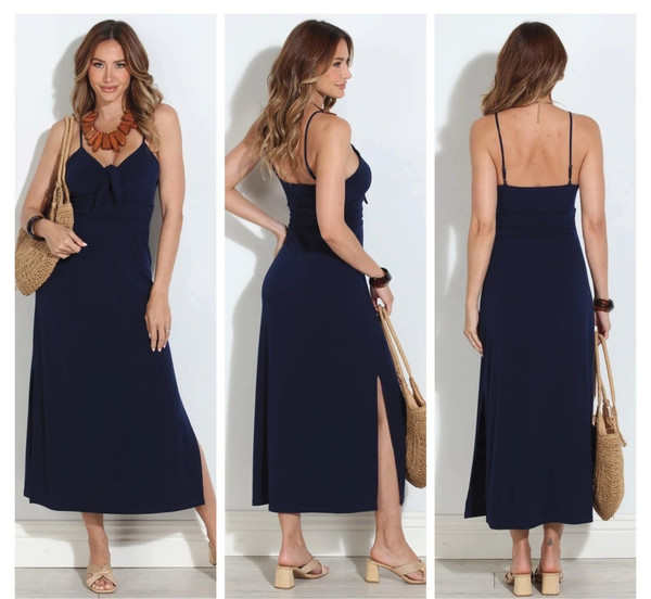 VERONICA M STRETCH FRONT TIE MIDI DRESS - NAVY