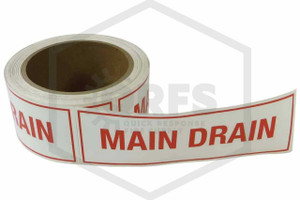 Main Drain Decal | 6 in. x 2 in. (Roll of 100) | White w/ Red Letters