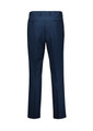 A pair of navy slim fit flat front pants, featuring a smooth back with two rear pockets. Includes branding.