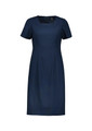 A navy blue short sleeve dress with a simple, elegant design and a logo.