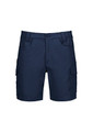 Men's essential stretch cargo shorts in navy blue, featuring side pockets and a logo.