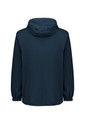 A unisex super light packable rain jacket in dark blue with an adjustable hood and elastic cuffs. It features a logo.