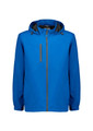A blue unisex packable rain jacket with a zip front, hood, and a contrasting interior. Features a logo.