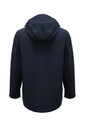 A dark navy rain jacket featuring a hood and a simple, sleek design. It has a logo on one sleeve.