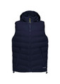 A navy unisex hooded puffer vest with a front zip and two side pockets. Features a logo on the upper.