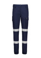 Navy cargo pants with cuffed hems and reflective stripes, featuring pockets and a logo.