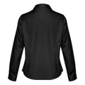 A black women's button-up long sleeve shirt featuring a sleek design and a back view. It has a logo on the label.