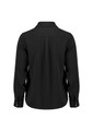 A black long sleeve shirt with a collar and buttoned cuffs, featuring a pleated back design.