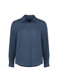 A navy long sleeve shirt with a collared neckline and button-up front, featuring long sleeves and a relaxed fit.