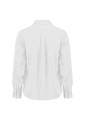 A white long sleeve shirt with a collar and buttoned cuffs, featuring a central back pleat. It has a logo.