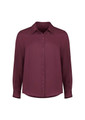 A button-up shirt in deep burgundy with long sleeves and a collar, featuring front buttons and a subtle logo.
