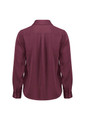 A burgundy women's long sleeve button-up shirt featuring a classic collar and a back pleat, with a logo present.