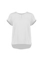 A light grey short sleeve blouse with a round neckline and a slightly longer back hem. It features rolled sleeves and has a logo.