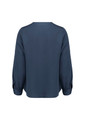 A navy long sleeve blouse with a smooth fabric and button details on the sleeves, featuring a simple back design.