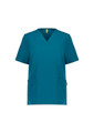 A teal women's V-neck scrub top with short sleeves and two front pockets. The top features a logo.