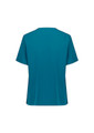 A teal women's scrub top with short sleeves and a V-neck design, featuring side slits and a branding logo.