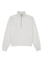 A white women's jumper with a 1/4 zip collar and long sleeves. Features a branding logo.