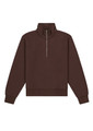 A brown 1/4 zip jumper featuring long sleeves and a high collar. It has a branding logo on it.