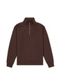 A brown 1/4 zip jumper with a high collar and long sleeves, featuring a branding logo.