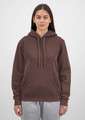 A brown women's hoodie with a front pocket, drawstring hood, and long sleeves, featuring a logo.