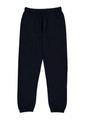 Navy women's track pants with an elastic waistband and cuffs, featuring two side pockets and a logo.