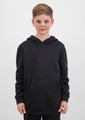 A black hoodie featuring a front pocket and a hood, modelled by a child standing against a plain background.